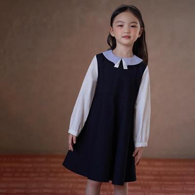 Hacikis Girls' Academy Style Faux Two-Piece Long Sleeve Mid-Length Dress