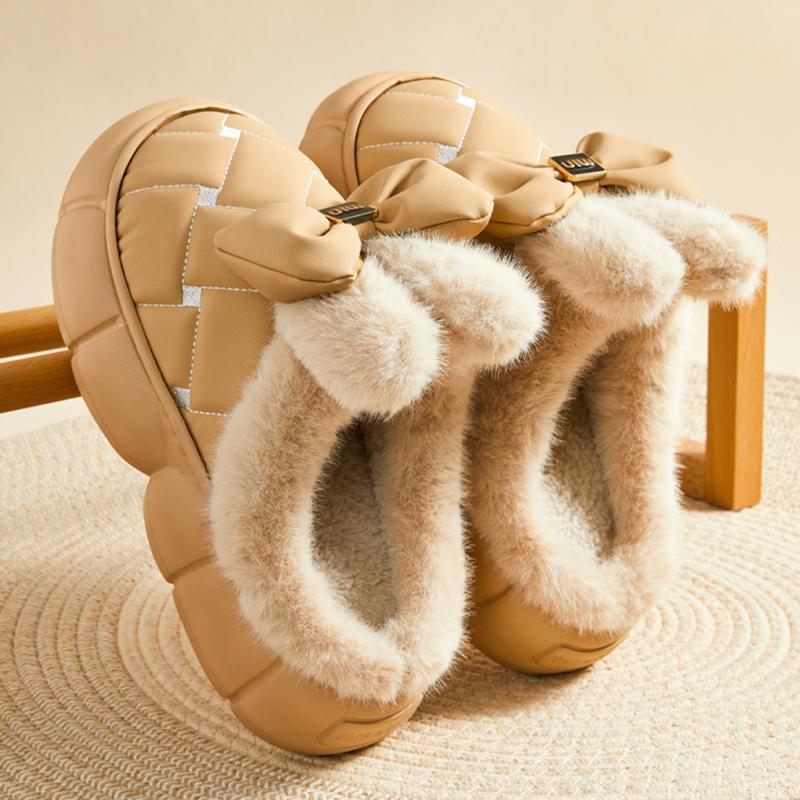 2025 Cute Bowknot Fur Slippers Women Winter Waterproof Thick Bottom Cotton Padded Shoes Woman Platform Warm Plush Slides Shoes