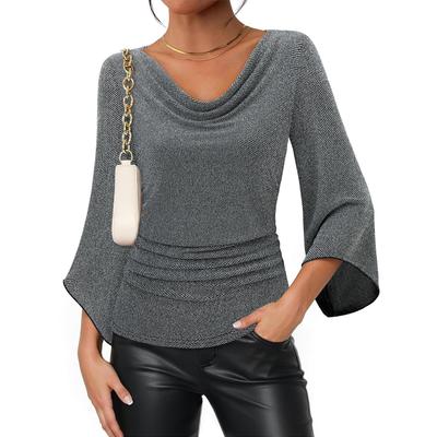 Women's Fashionable Solid Color Round Neck 3/4 Sleeves Shiny Slim Fit Shirt Top