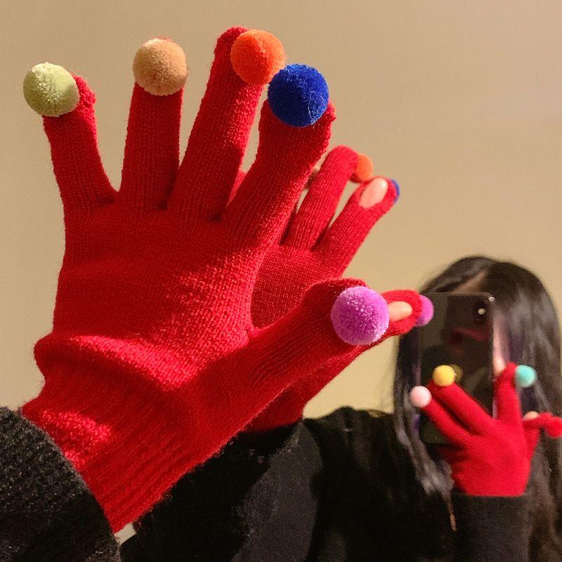 

Cute South Korea Ins Small Candy Open Finger Wool Knitting Five Finger Gloves Winter Female Touch Screen Heattech Cycling Five Finger New Year red ball gloves [fleece]] All yards