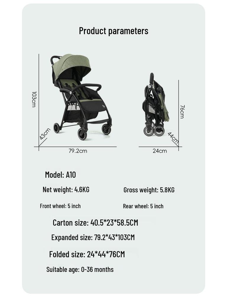 A10 Baby Stroller: Lightweight, Foldable, Four-Wheel Design for Sitting and Lying Down.