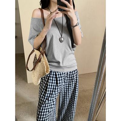 One-shoulder Gray 220g Heavyweight Pure Cotton Short-sleeved T-shirt for Women Off-shoulder Hot Girl Summer Lazy Loose Shoulder Top