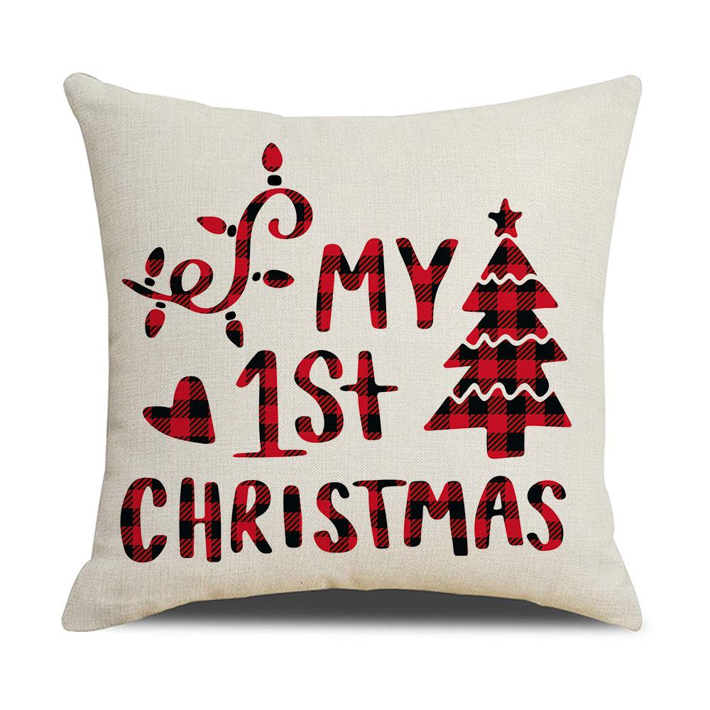 Red and Black Plaid Christmas Pillow Cover Cartoon Print Linen Sofa Cushion Cover Pillow