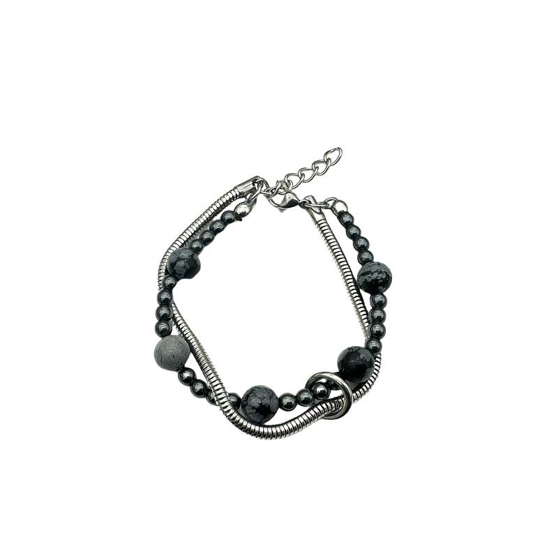 Gaga Men's Double Layer Snake Chain Bracelet with Snowflake Stone Beads