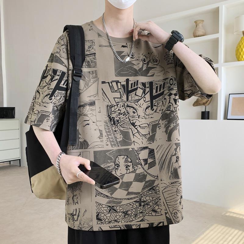 Large Size Trendy Anime Full Print Short Sleeved Men's Japanese Loose Casual Top