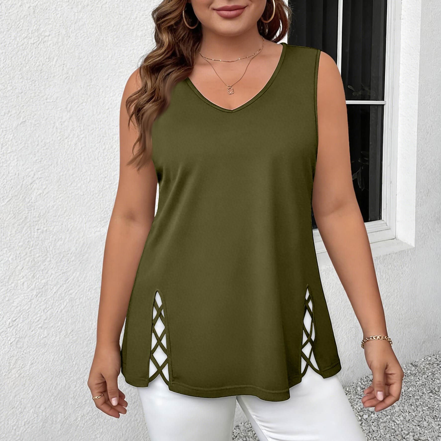 Women s Fashion Loose-Fit V-Neck Cross-Strap Sleeveless Tank Top L