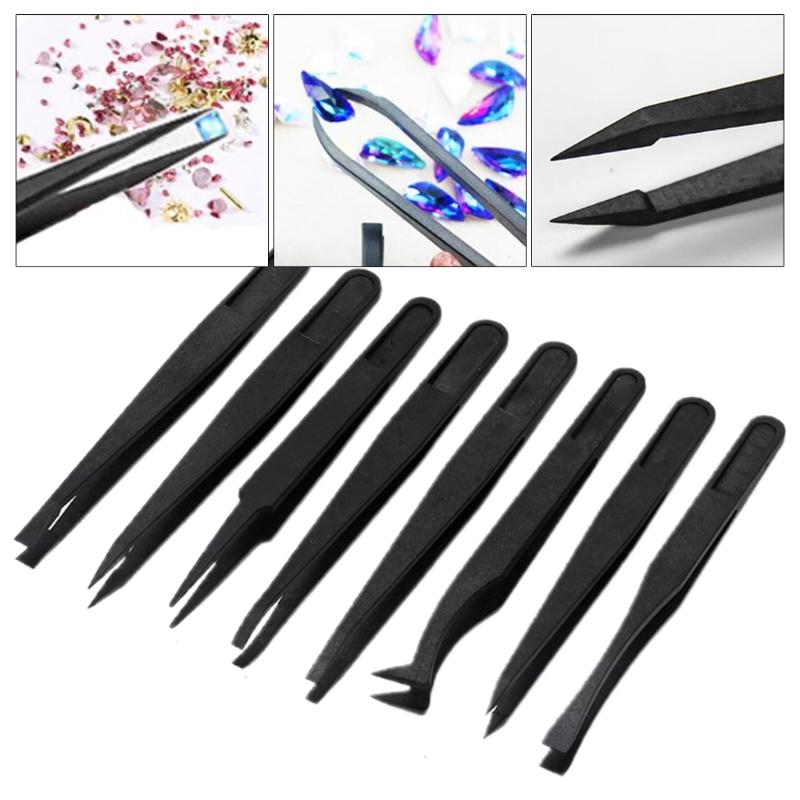 8 Styles Black Carbon Fiber Plastic Tweezers Kit for Nail Art DIY Picking Needle Nose Pointed Curved Flat Tip Tweezers