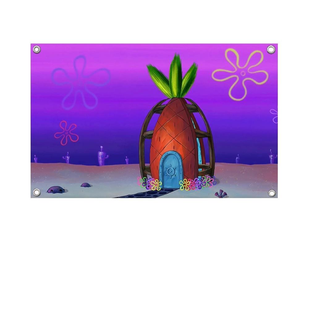 1PCSpongeBob SquarePants Bikini Bottom Flag Banners Four Hole Flag Polyester Outdoor Decor Room Aesthetic