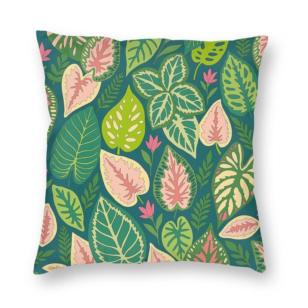 Tropical Leaves Green Square Pillowcase Polyester Linen Velvet Pattern Zip Decorative Room Cushion Cover