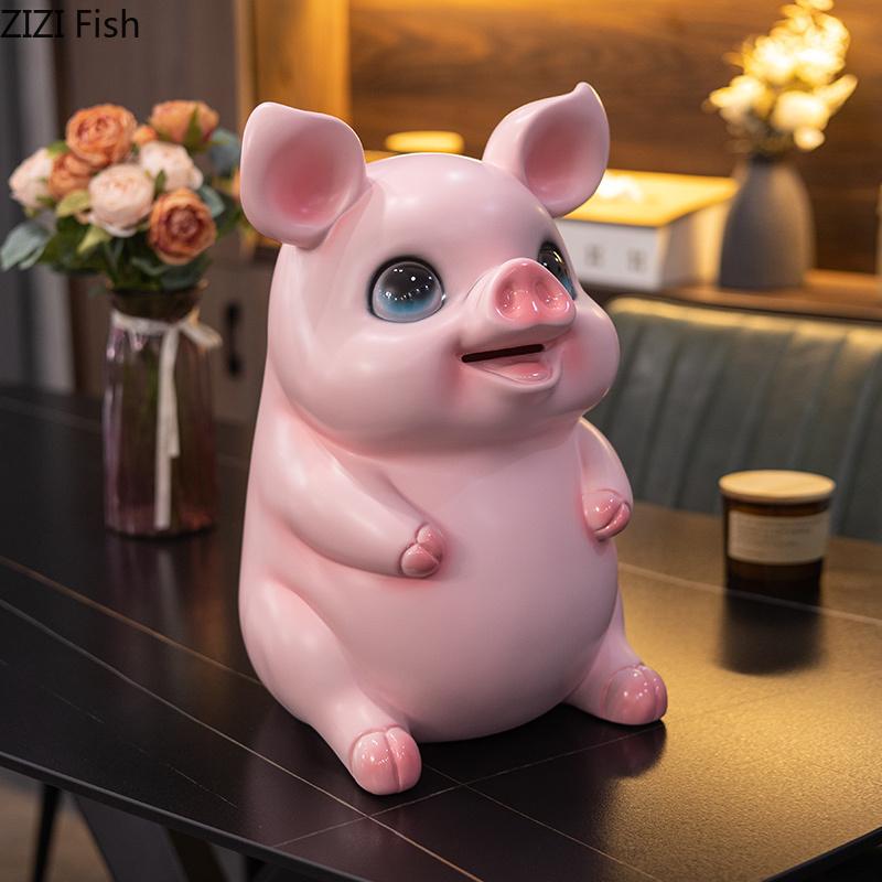 Cute Cartoon Pig Child Savings Jar Creative Piggy Bank Desk Decoration Ornaments Animal Resin Sculpture Room Aesthetic Decor