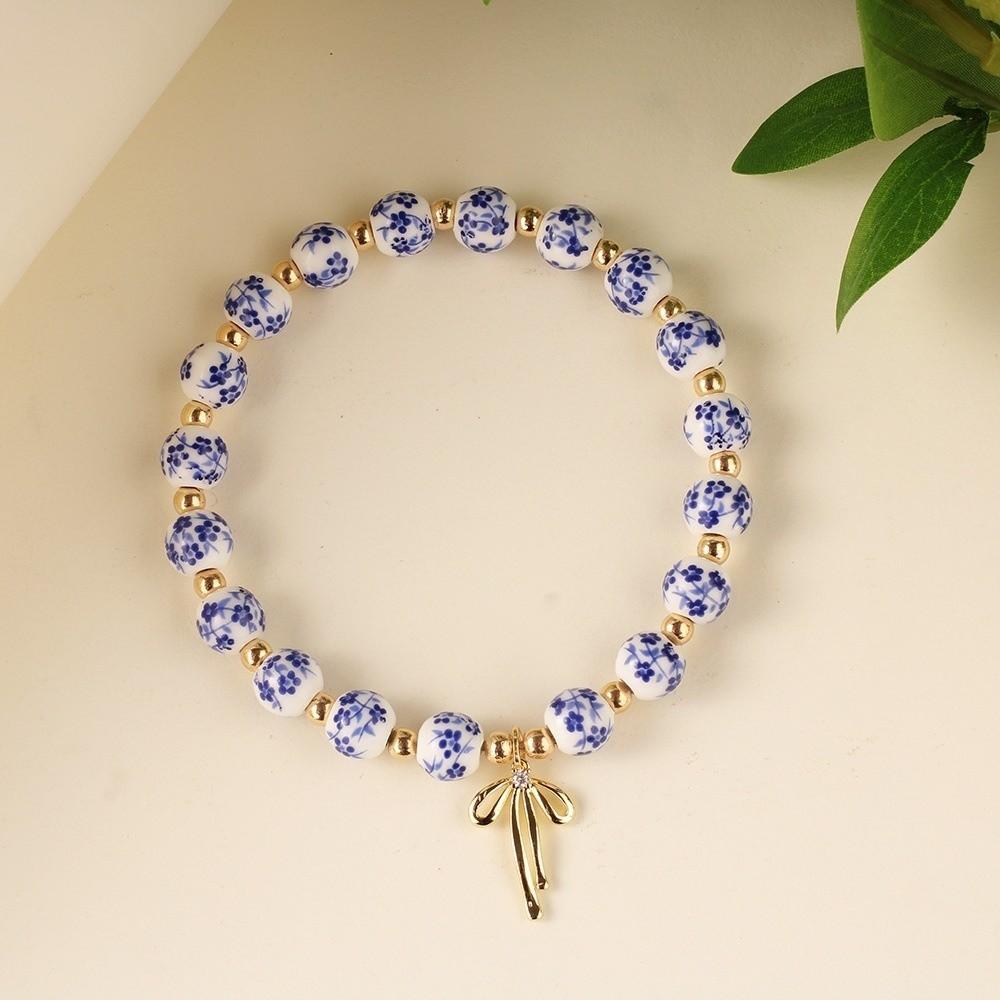 Chinese Style Blue and White Porcelain Bracelet Vintage Elastic Ceramic Bracelet Versatile Pretty Women's Bracelet Birthday Gift