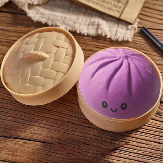 Smiling Steamed Bun Stress Ball with Steamer Anti-Anxiety Cartoon Dumpling Squeeze Toy Soft Simulated Dough Ball Fidget Sensory Toy