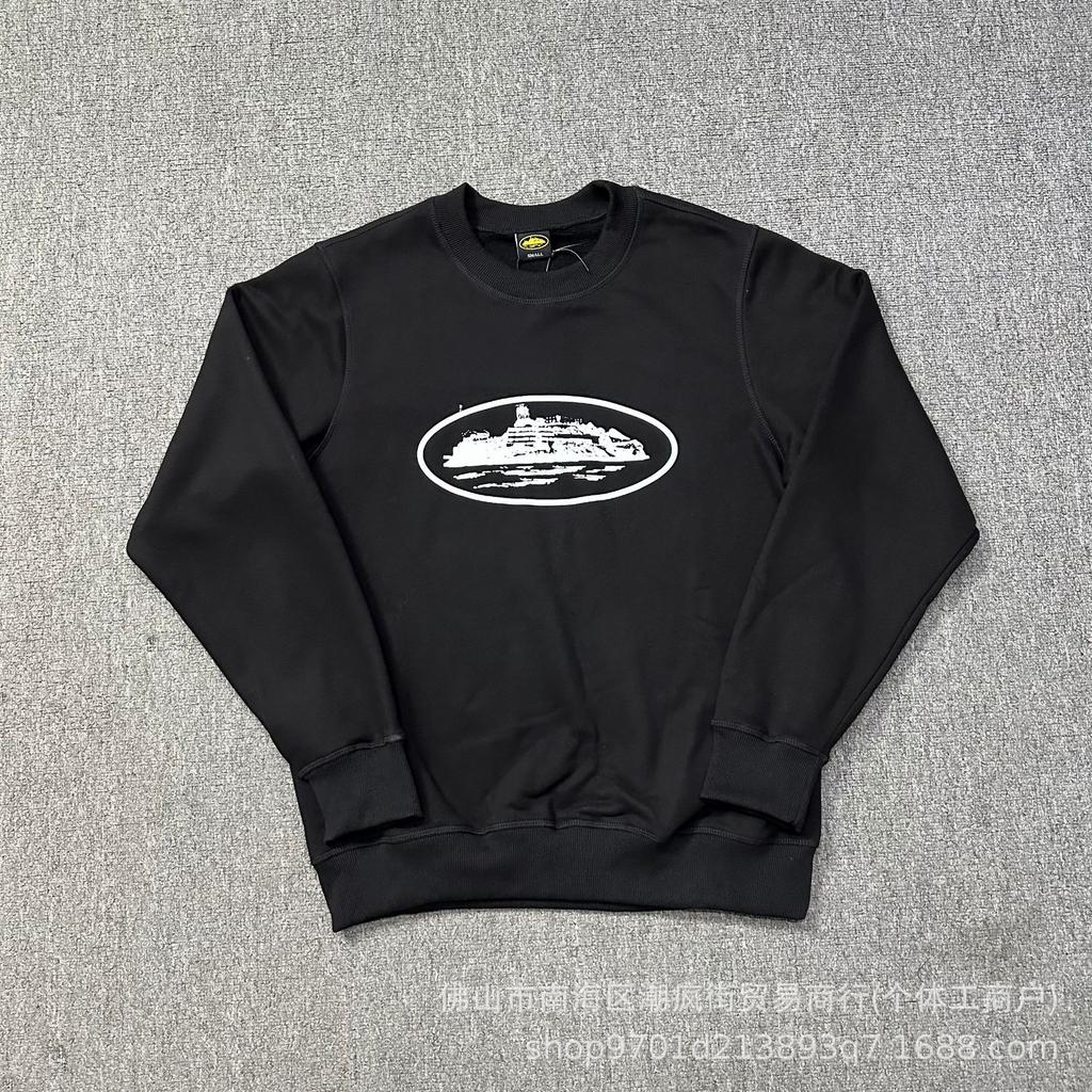 Corteiz Classic Series Ship Print Logo Thin Plush Loop Hooded Sweater, Trendy Men's and Women's Casual Sweatpants