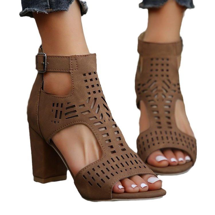 Large size fish mouth high heel sandals summer new buckle hollow bag heel women's shoes