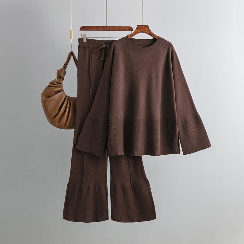 Loose Knit Sweater Suit Autumn Winter Women Horn Sleeve Round Collar Slit Two Piece Sets