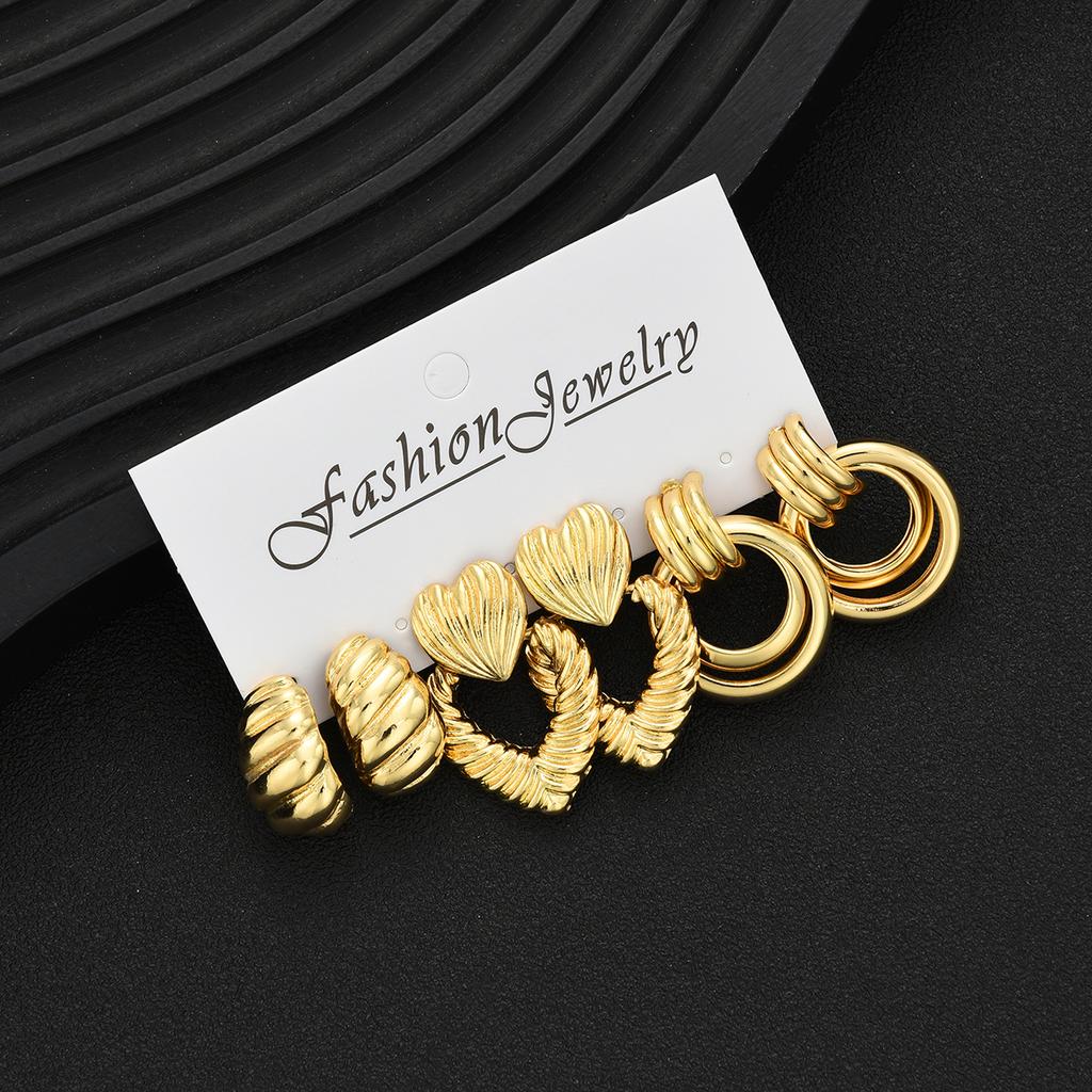 6pcs Fashion Glossy Texture Heart Shaped Earrings Set Gold Color Double Layer Round Circle Stud Earring Vintage Jewelry Gift New