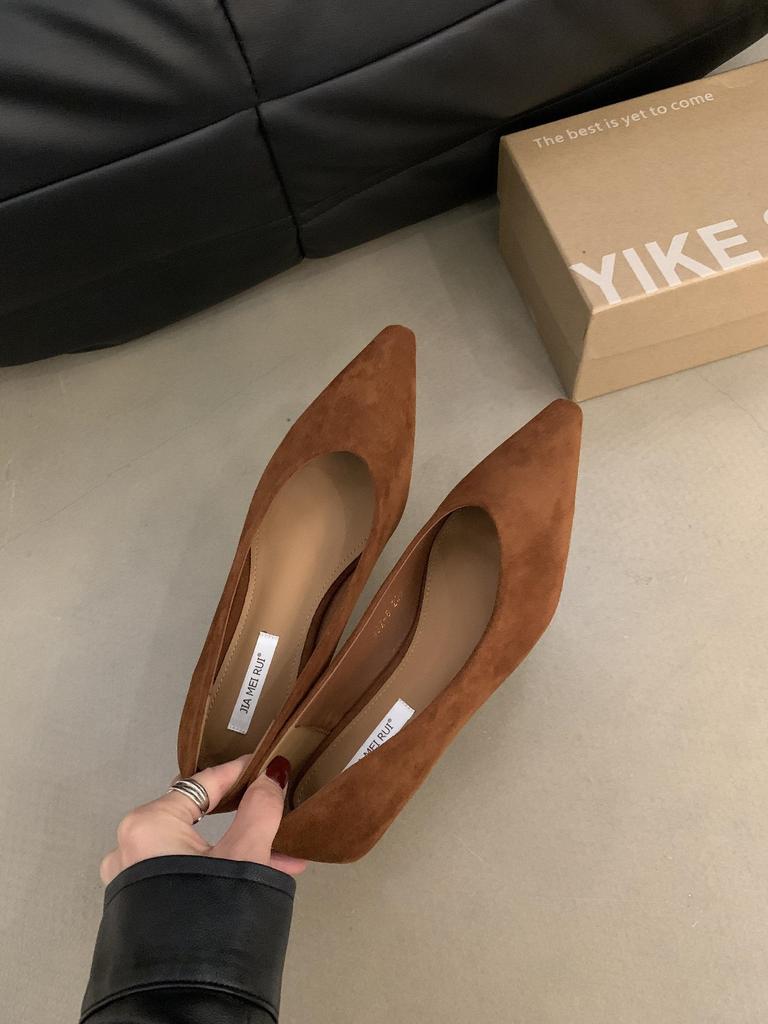 Retro Low-heeled Pointed Head Shallow Mouth Single Shoes Women's Shoes New Spring and Autumn Suede Temperament One-pedal Commuter Shoes