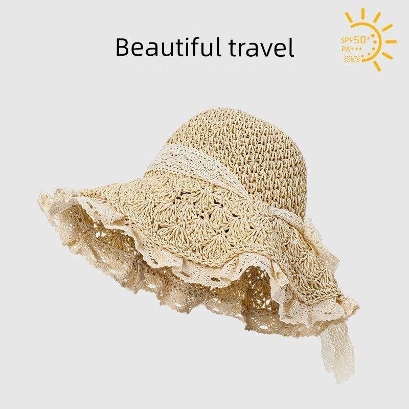 100.00kg Plus Size Women's Big Brim Grass Bows Hand-Woven Seaside Beach Hat Sun-Proof Face Cover Sun-Shade Straw Hat