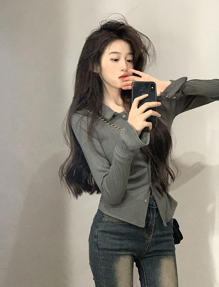 

Рубашка поло с воротником и длинными рукавами Gyaru, женская, осенний дизайн, Sense, облегающая, внутренняя одежда, нижняя часть рубашки с расклешенным рукавом M темно-серого