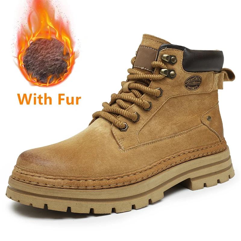 Men's Boots Warm Plush Fur Winter Shoes Man Suede Leather High Top Outdoor Fashion Sneakers Male Motorcycle Boots New Snow Shoes