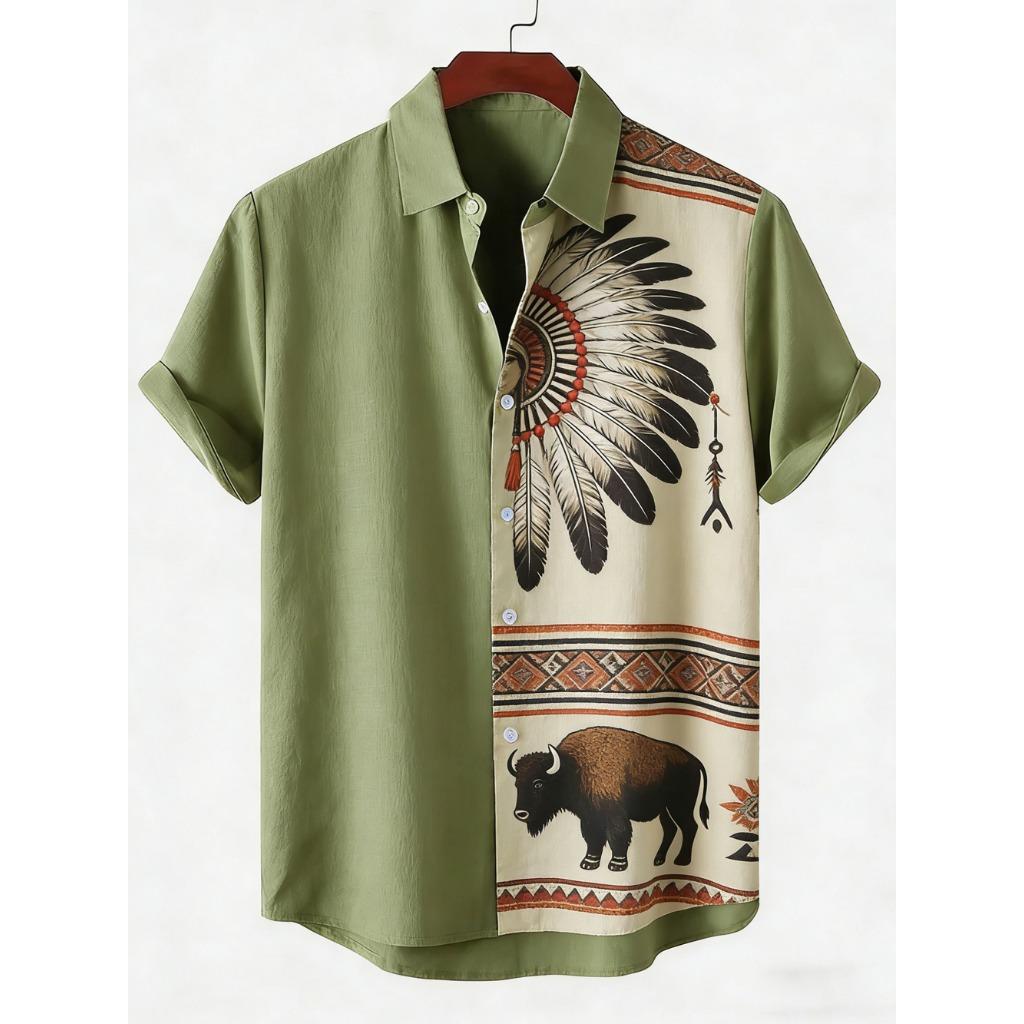 2026 Daily Men's Casual Short Sleeved Shirt with Natural Ethnic Pattern Printed Shirt Hawaii Beach Vacation Clothing