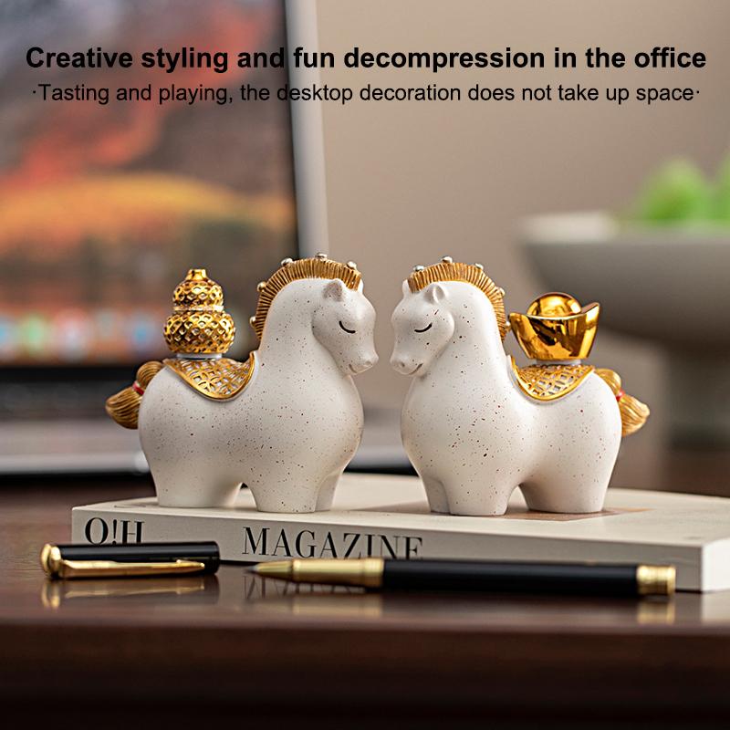 Horse Ornament for Prosperity, Handcrafted Resin Table Décor with Spinnable Gold Ingots and Gourds, Fortunate Feng Shui Present