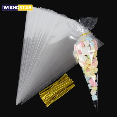 50pcs Clear Cone Candy Storage Bags Cones Transprant Plastic Bag Popcorn Candy Bags for Baby Shower Wedding Party Bags Supplies