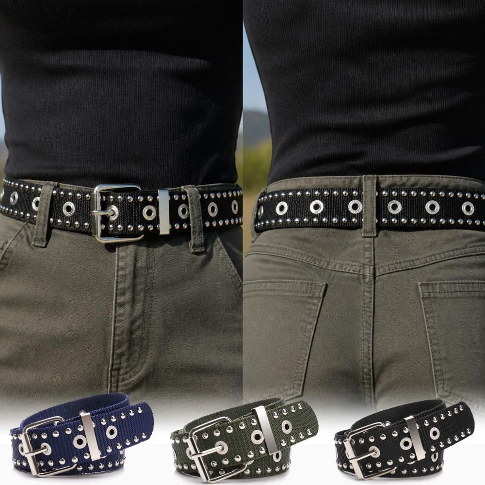 Adjustable Metal Buckle Nylon Waist Belt Full Metal Eyelet Eyelet Belt  Street Fashion
