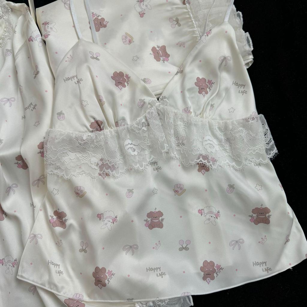 2026 Women's Ice Silk Floral Pajama Set: Long Sleeve Top, Long Pants, Lace Camisole with Bra Pads