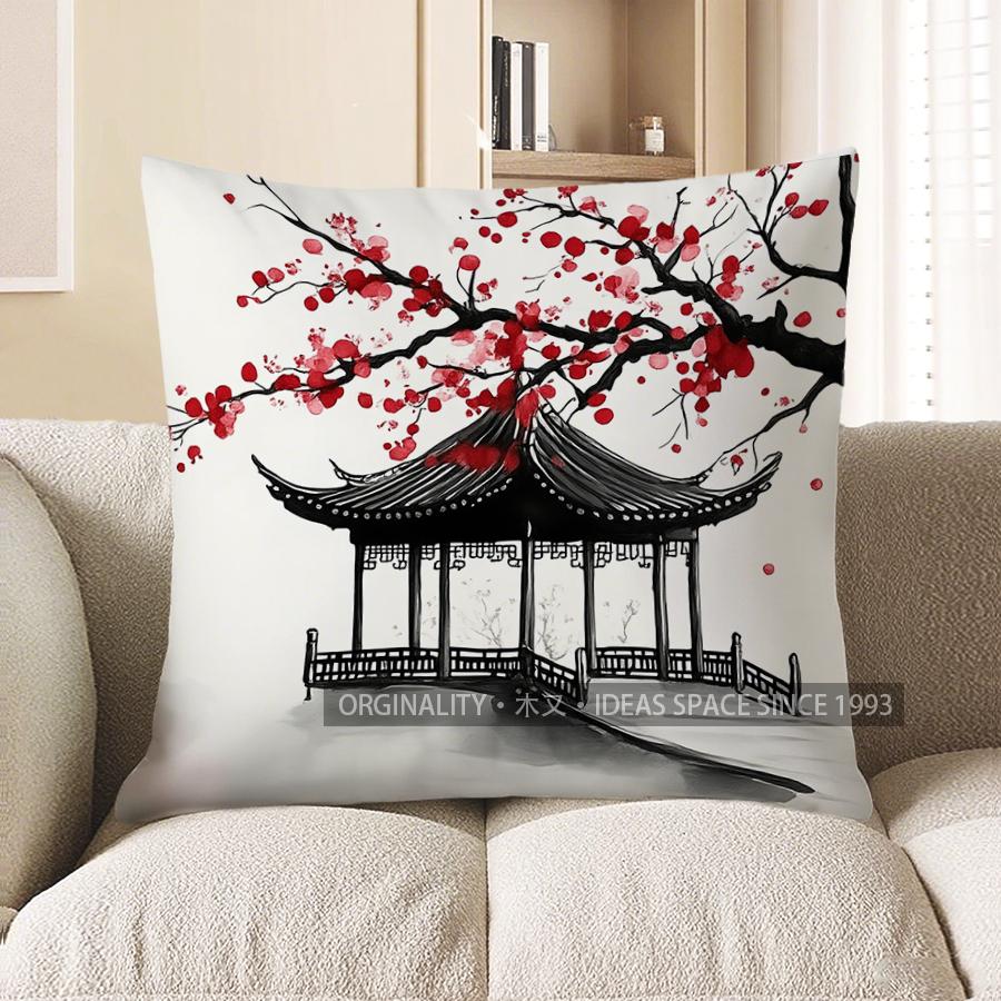 Home Decor Red Plum Blossom Pattern Throw Pillow Cover Pattern Cushion Cover Suitable For Sofa Bedroom Car Pillow Cover