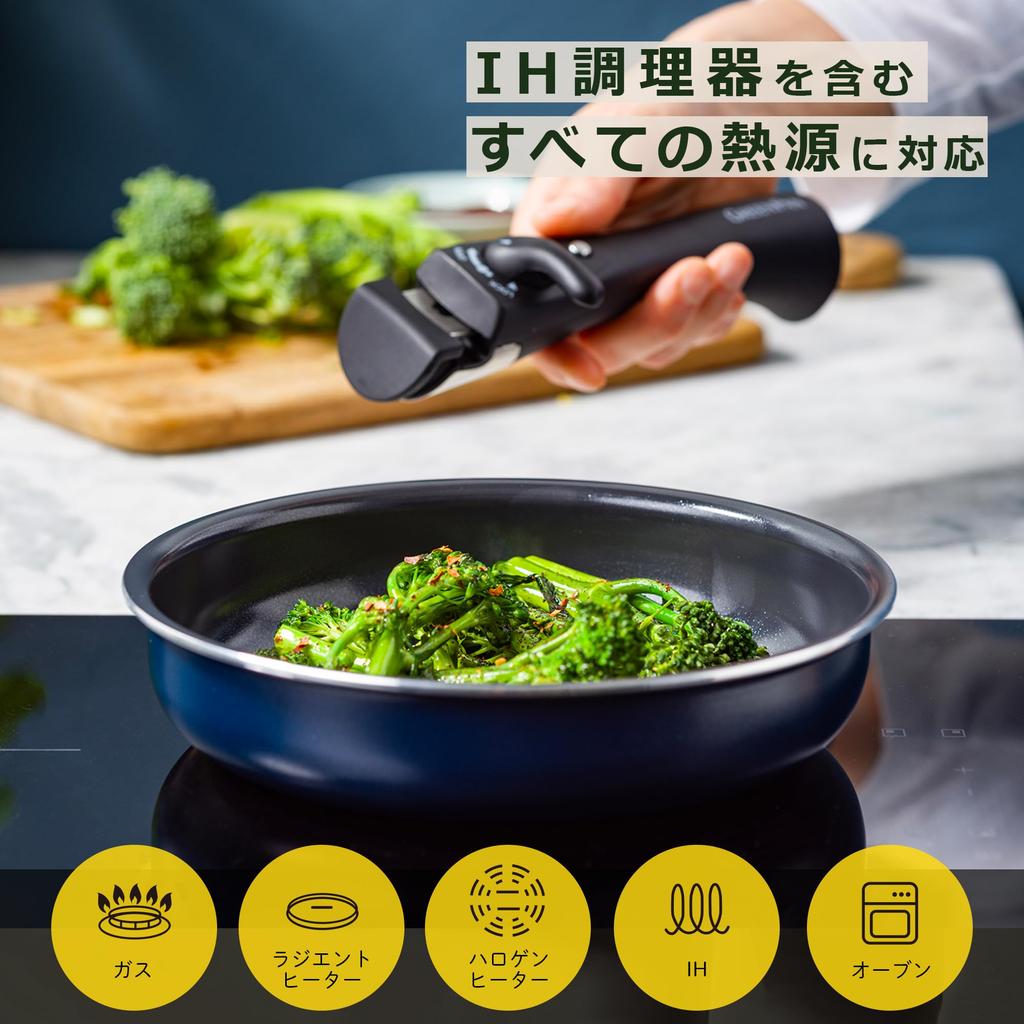 GREENPAN Frying Pan 26cm Single Item Removable Handle Dishwasher Safe No Harmful Substances PFAS Free Ceramic Coating Easy To Oxford Blue Induction,