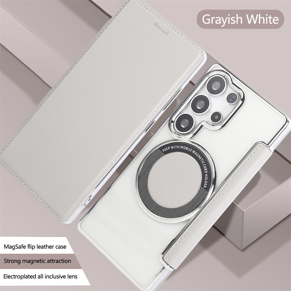 Flip Slot Card Leather Wallet Clear Magnetic Phone Case For Samsung S24 S25 Ultra S22 S23 Plus For Magsafe Wireless Charge Cover