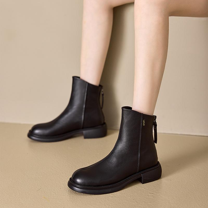Women's Boots 2025 Autumn/Winter Plush Soft Leather Boots Women's Korean Edition Back Zipper Women's Boots Retro Casual Shoes