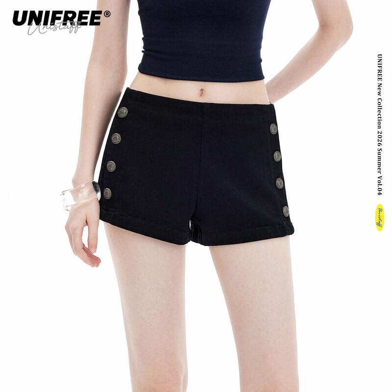 UNIFREE Retro Decorative Buckle Low-Rise Denim Shorts L
