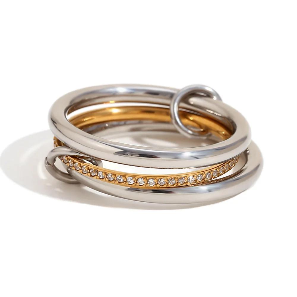 Stainless Steel Cubic Zirconia Stackable Rings for Women 18k GoldPlating Multi-Link Connected Statement Ring Stack Jewelry