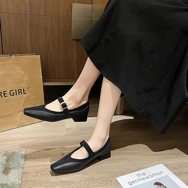 Fashion Women High Heels Fashion Elegant Mary Jane Shoes Square Toe Outdoor Dress Designer Metal Buckle Low Heels Spring Summer Pumps