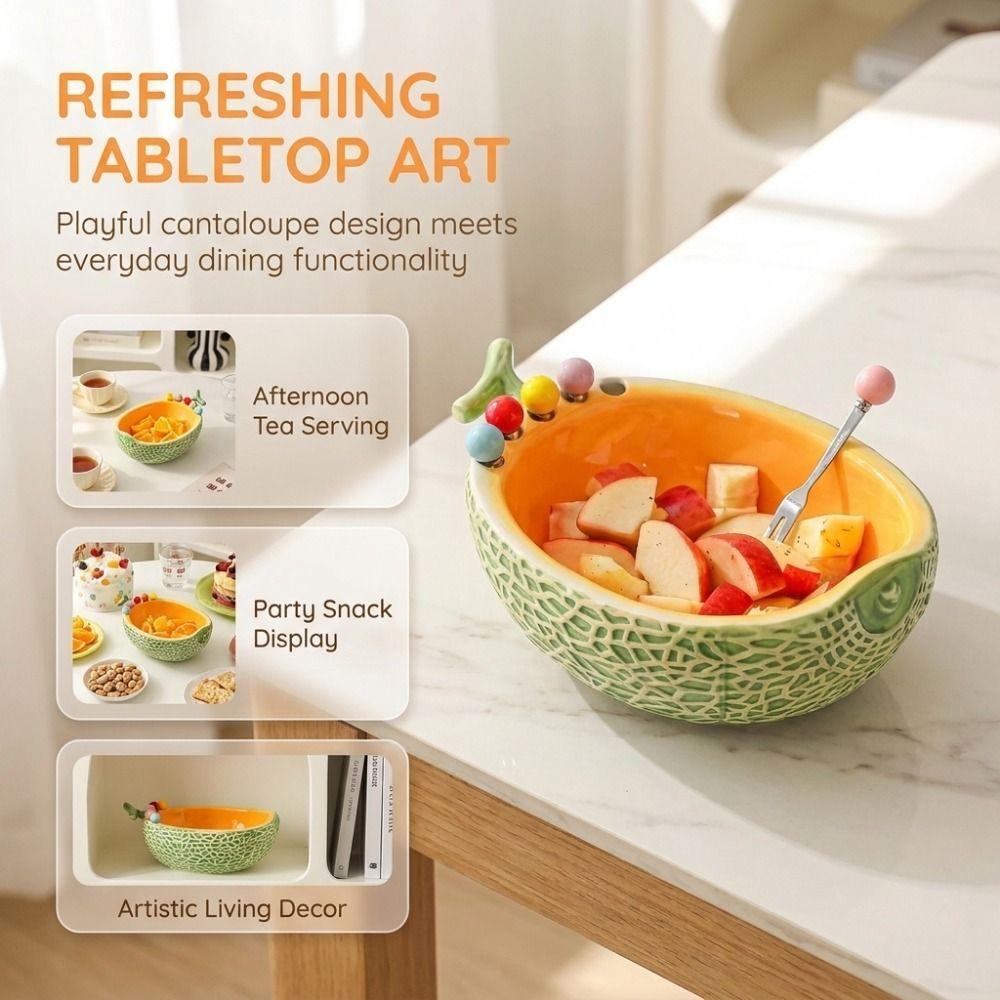 Hami Melon Shape Fruit Serving Plate Ceramics Cute Toothpick with Holder Child Safety