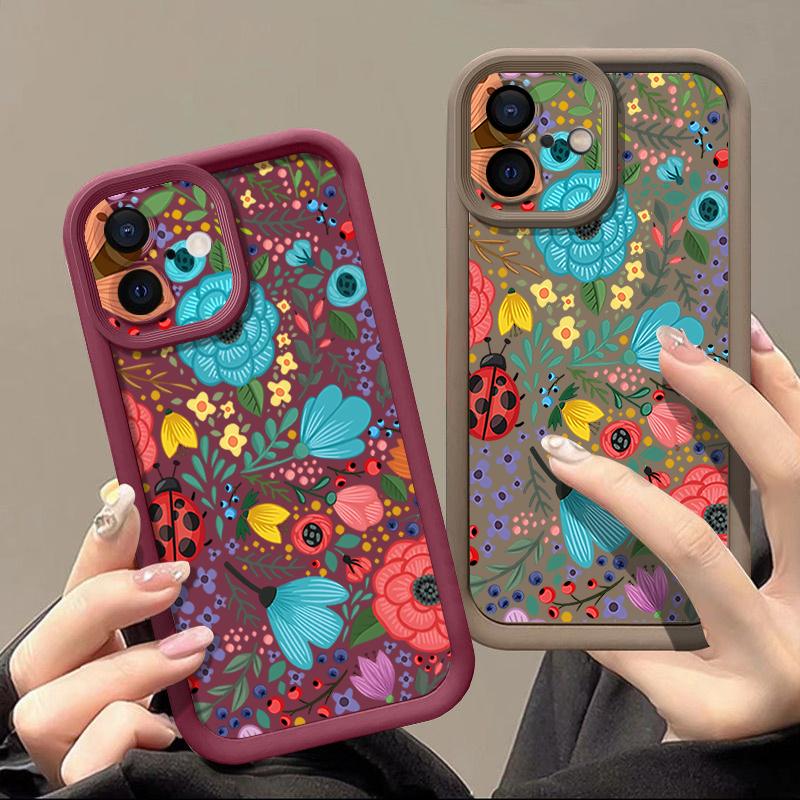 Colorful Flowers Ladybug Pattern Shockproof Phone Case For iPhone 16e 16 15 14 Pro Max 13 12 Pro 11 14 15 16 Plus Silicone Soft Matte Cover Fundas