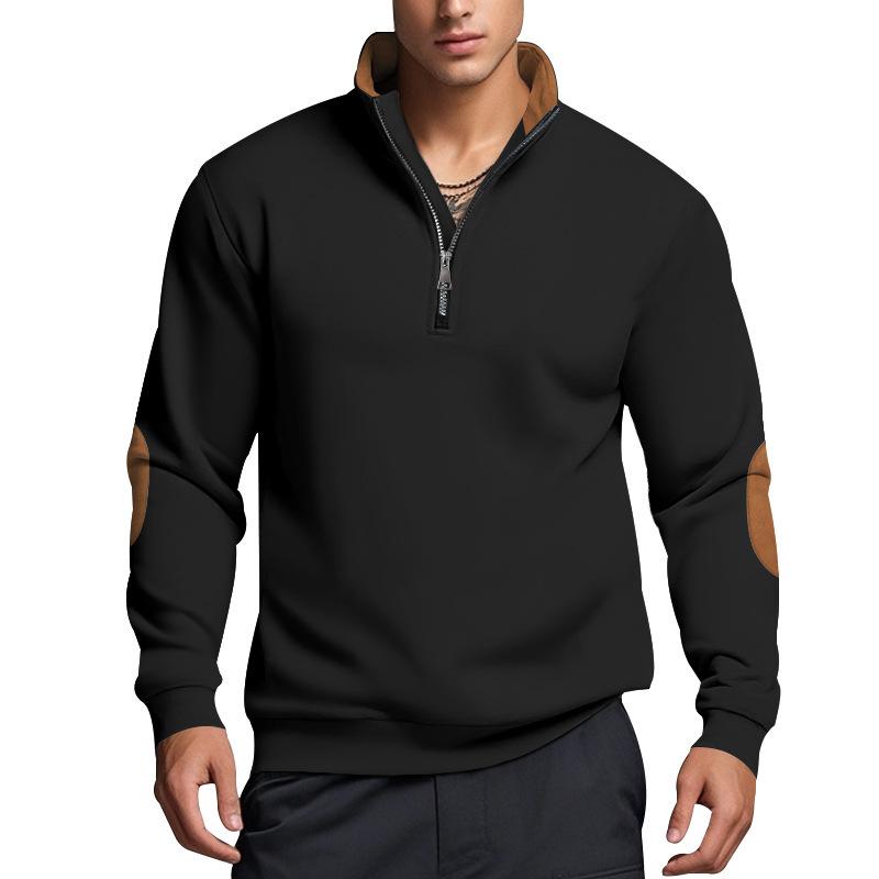 Men's Fleece-Lined Zip-Up Stand Collar Patchwork Contrast Colour Henley Long-Sleeved Casual Sweatshirt for Autumn/Winter