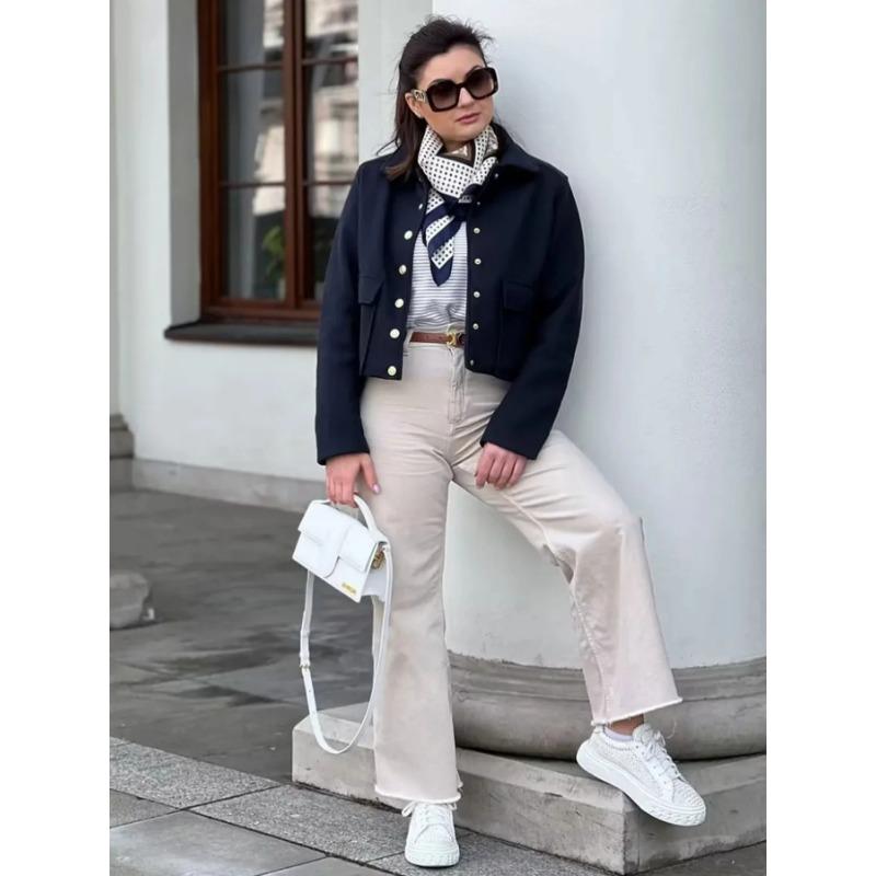 Women's Aviator Black Jacket Wool Blends Coats Cropped Bomber Jacket  Autumn Winter Demi-season Crop Jacket Outerwears