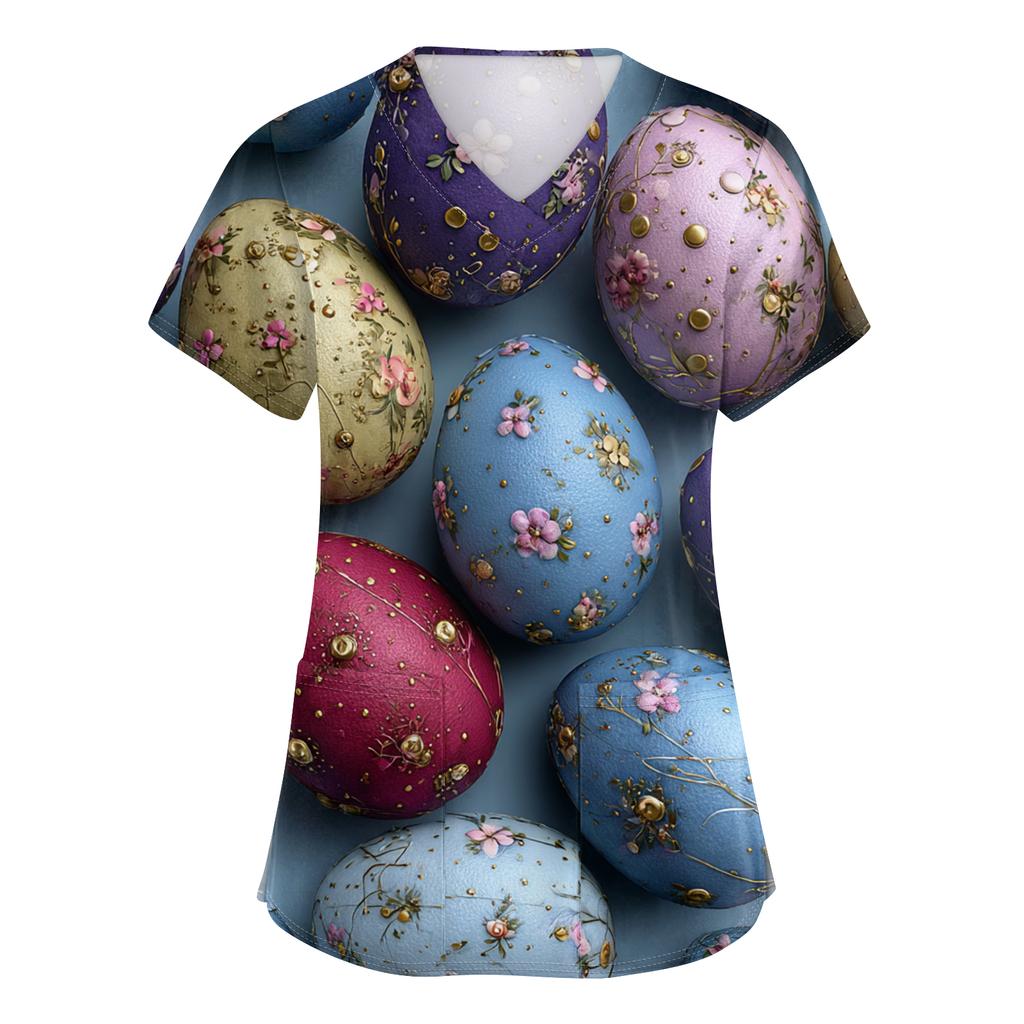 Damenmode V-Ausschnitt Kurzarm Arbeitskleidung Mit Taschen Osterdruck Oberteil Pflegekraft Uniform