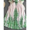 Summer Vintage Women Print Pleated Party Long Dress Elegant Turn-Down Collar Short Sleeve High Waist Draped Beach Vestidos New