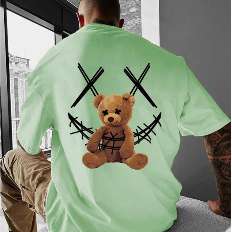 New Summer Men's Fashion T-shirt Cartoon Bear Smiling Face Printed Men's T-shirt Top