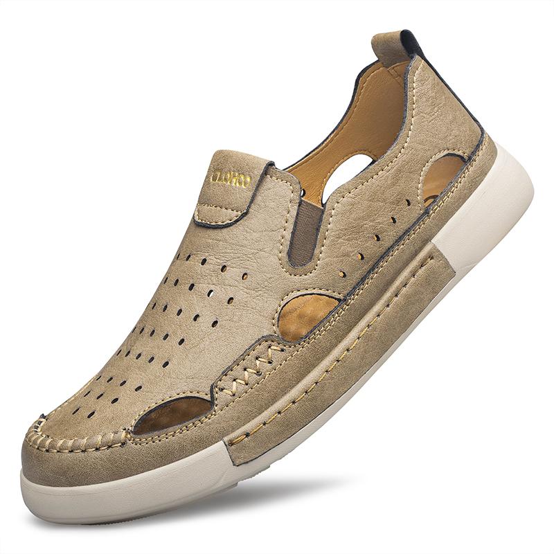 Sandale Casual din Piele pentru Bărbați, Durabile, Cusături Manuale, Pantofi cu Vârf Închis, Antiderapanți, Pentru Interior, Exterior, Plajă