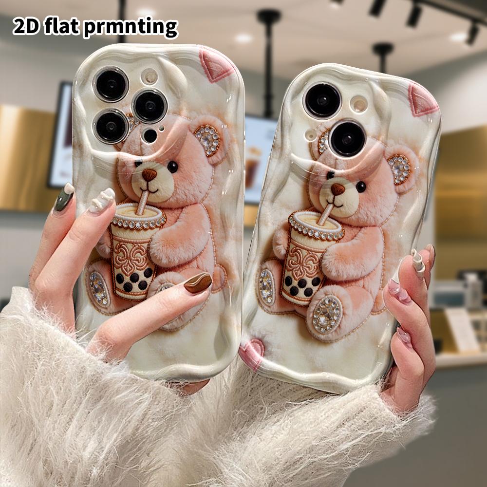 Phone Case: 2D Flat, Fits iPhone 12/13/14/15/16/17/18 Pro, Phone Decoration, Milk Tea Pink Little Bear, Perfect for Christmas and Halloween Gifts