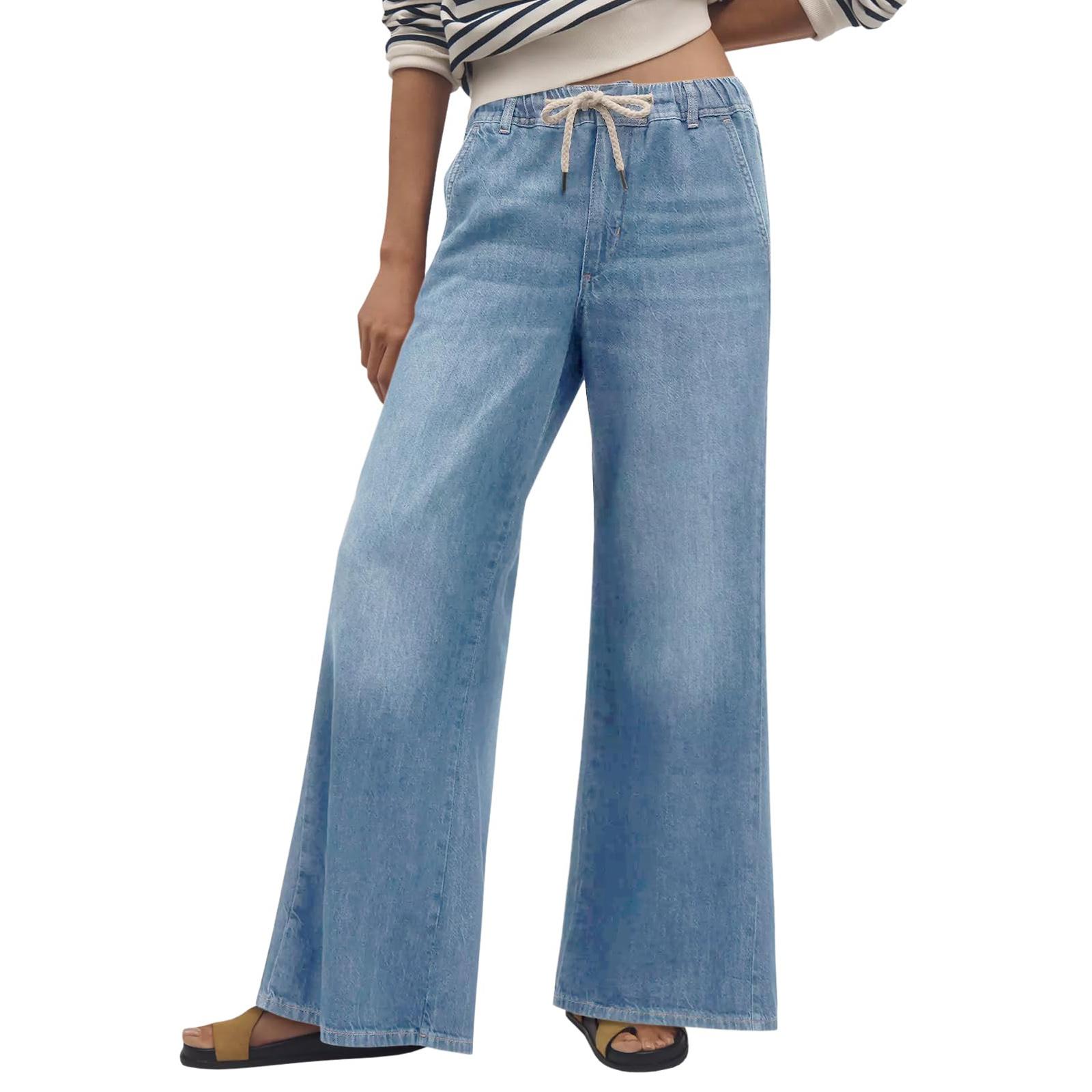 

Женские джинсы клеш с широкими штанинами, повседневные джинсовые брюки винтажного стиля с высокой талией на кулиске и карманами L синий