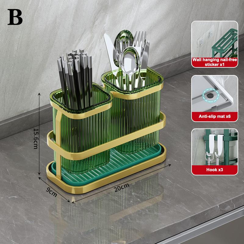 Wall Mounted Kitchen Cutlery Organizer Knife Spoon Fork Chopstick Drain Rack Drainer Utensil Kitchen Storage Punching Free