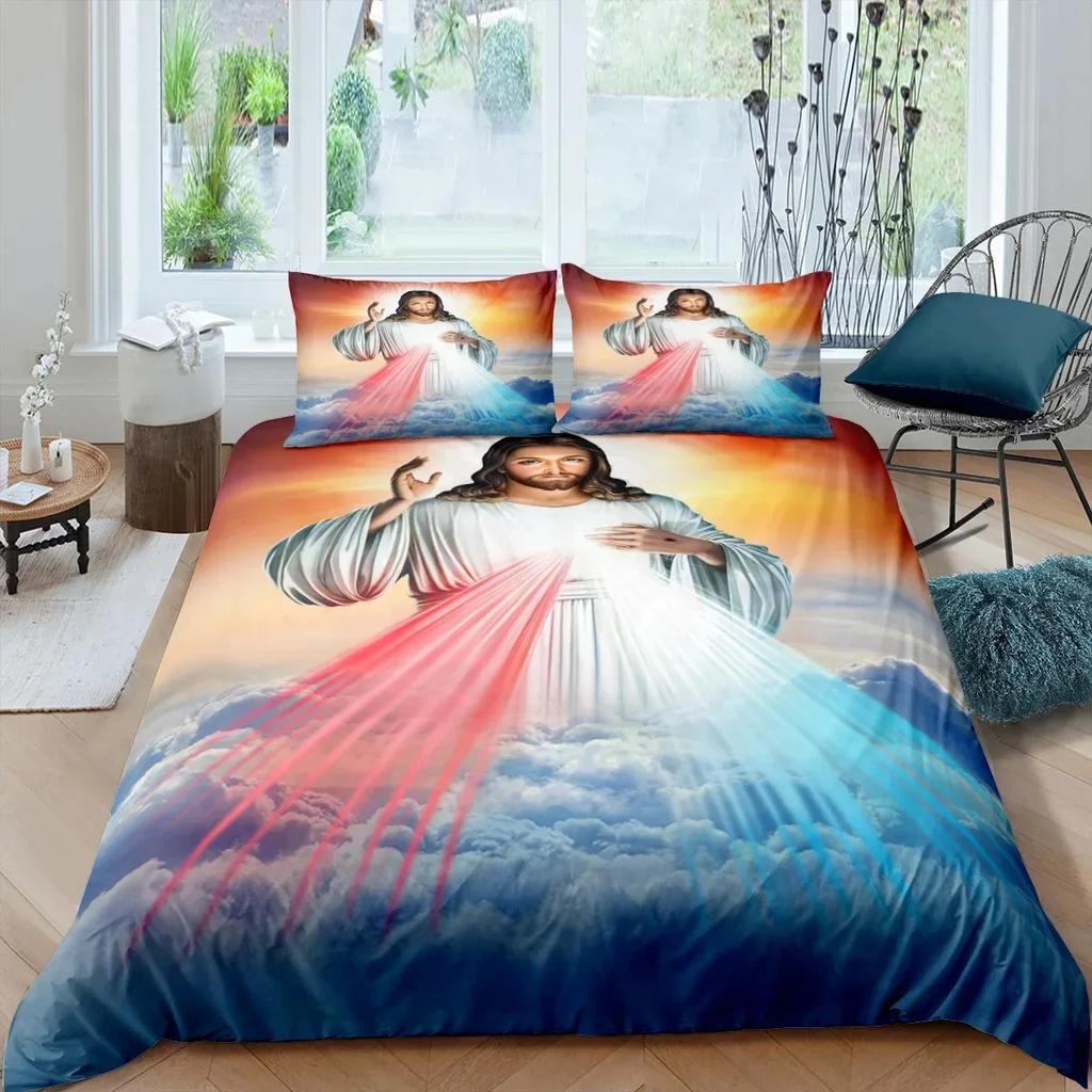 3D Jesus Duvet Cover Christian Sacred Jesus Bedding Set God Bless You Soft Quilt Cover Set KingQueen Size for Adults Women Men