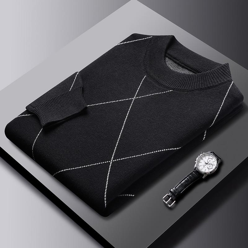 Men's 2025 Autumn/Winter Diamond Jacquard Knit Sweater - Round Neck, Long Sleeve