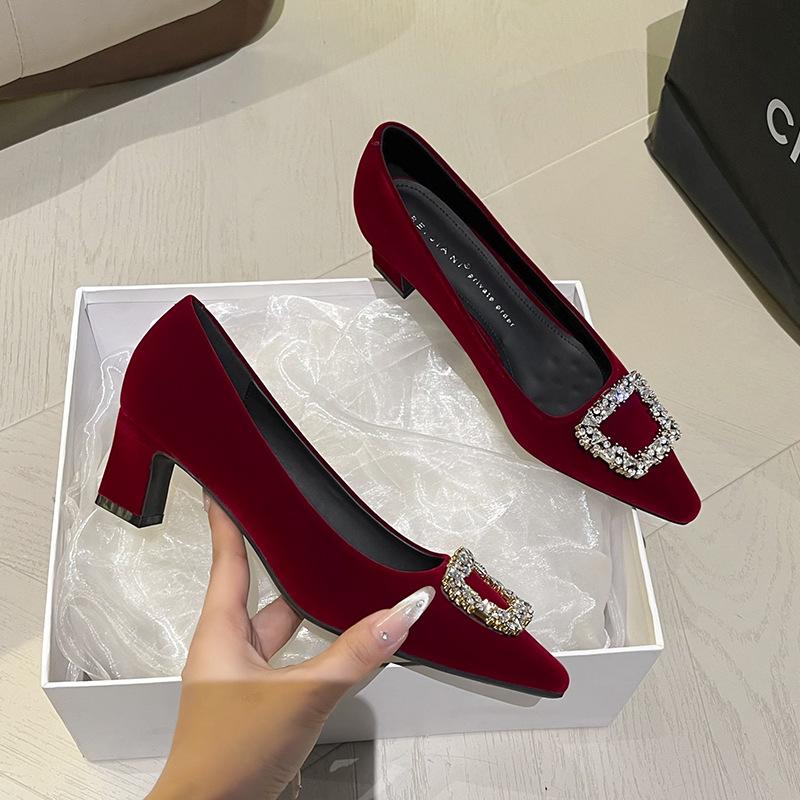 5168-13 Senior Design Sense Rhinestone Square Buckle Cashmere Square Head Temperament High Heels Thick Heel Single Shoes Red